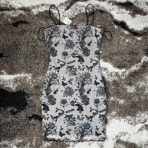 Bear Dance Gray and Black Tattoo Print Slip Dress